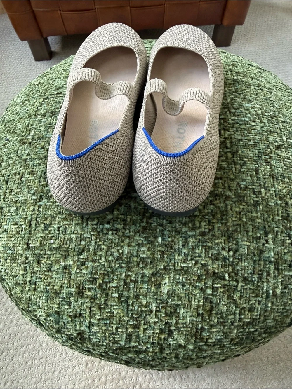 Rothy's Beige Knit Mary Jane with Blue Trim for Kids